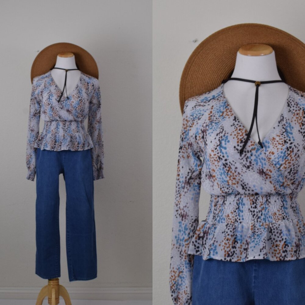 Japna Blue Ruffled Peplum Blouse Long Sleeves Size XS